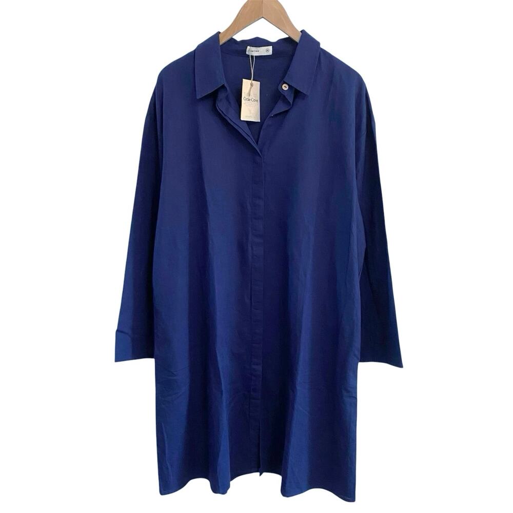 Grae Cove Button Down Shirt Dress Plus Size 2XL Linen Cotton Pockets Lagenlook